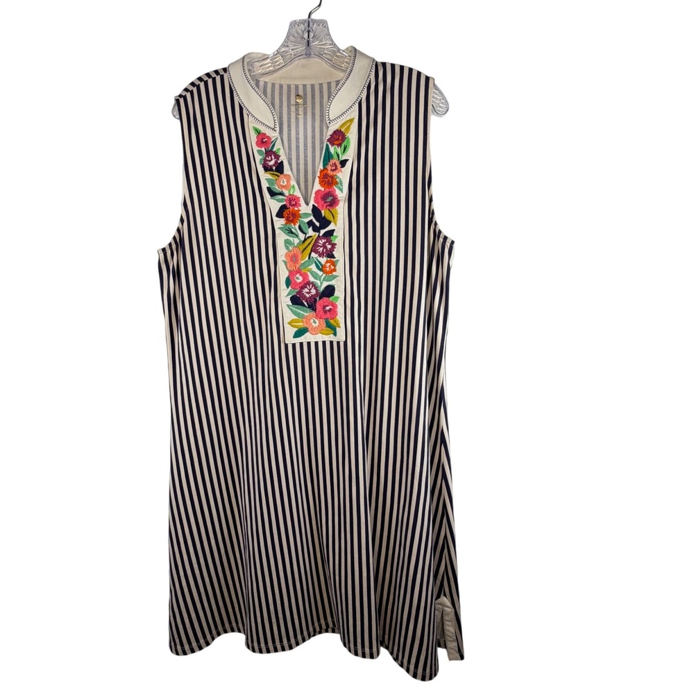 Spartina 449 Embroidered Tunic Dress Navy White Stripe Cotton Blend Plus XXL